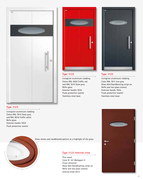 Type 1123 LivingLine – Multi-Stone Sandblast Reflo Glass LivingLine Entry Door, Iron Grey Slate, Mahagoni Interior, Flush Protective Rosette, German Premium Quality, Customizable